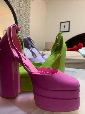 Women's Neon Pink Platform Pumps with Ankle Strap